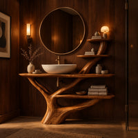 Branching trunk base bathroom vanity with tiered side shelves in an evening bathroom with walnut wall paneling