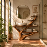 Branching trunk base bathroom vanity with tiered side shelves in a bright bathroom with arched windows and plants