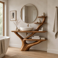 Branching trunk base bathroom vanity with tiered side shelves in a Scandinavian bathroom with white walls