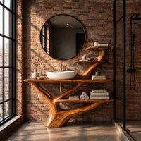Branching trunk base bathroom vanity with tiered side shelves in an industrial loft bathroom with exposed brick