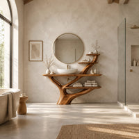 Branching trunk base bathroom vanity with tiered side shelves in a bright open plan bathroom