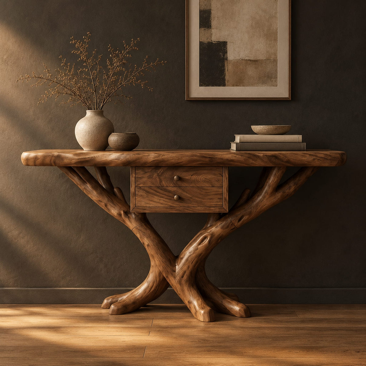 Console table with a natural edge top, small drawer unit and crossed branch legs in a dark studio against a charcoal plaster wall