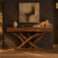 Console table with four slim drawers on a base of crossed tree branches in a dark entryway at golden hour