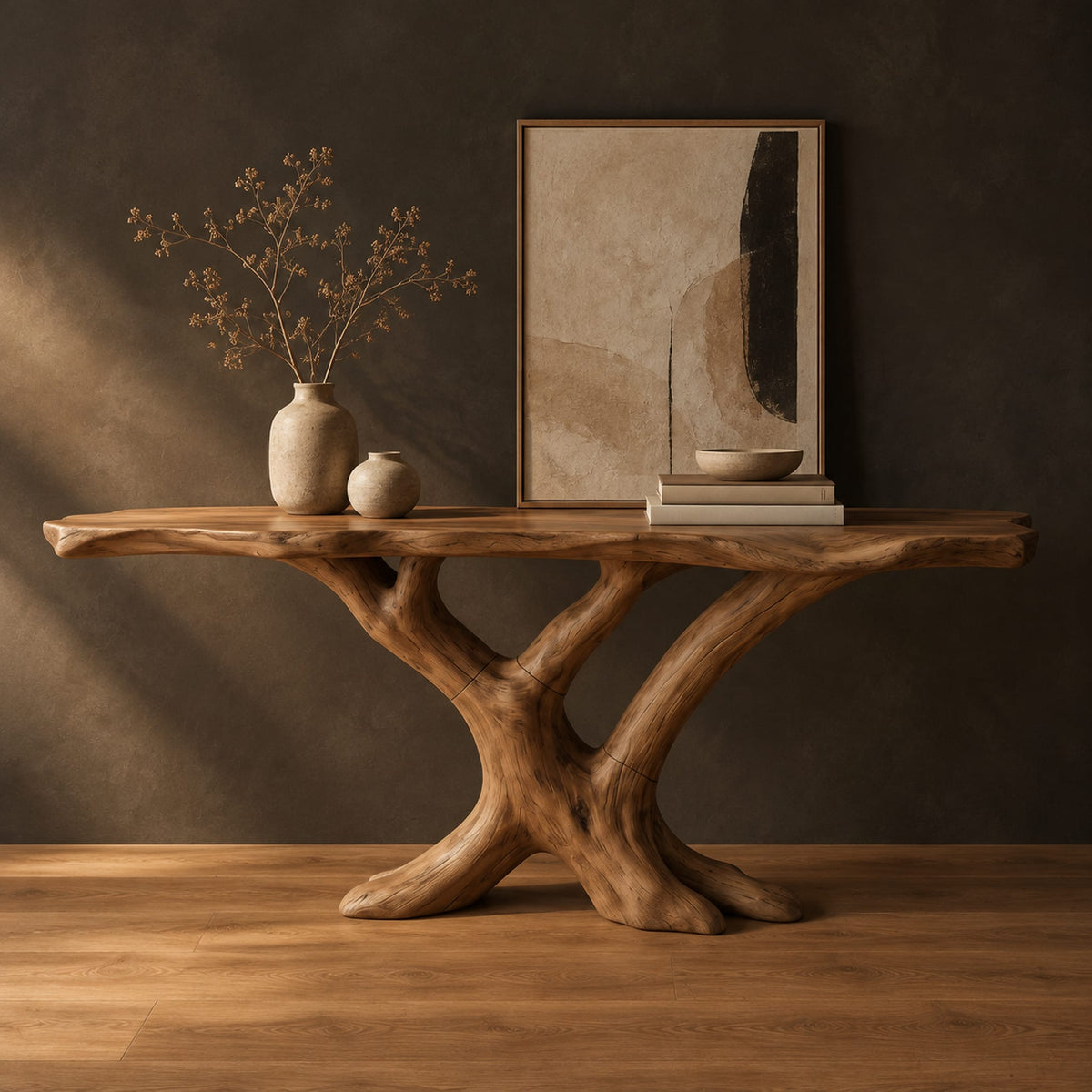 Live edge console table with a base of crossed branch shaped legs in a dark studio against a charcoal plaster wall