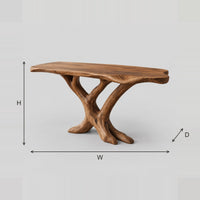 Branch Base Live Edge Console Table, Crossed Limb Legs dimension diagram with width, height and depth