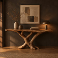 Live edge console table with a base of crossed branch shaped legs in a dark entryway at golden hour
