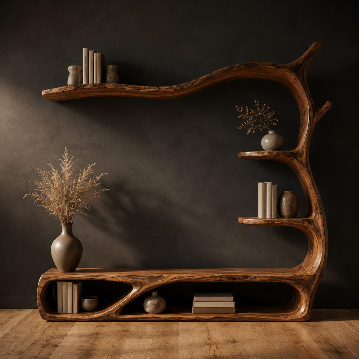Tv stand shaped like a branch with open oval bays and tiered shelves in a dark studio against a charcoal plaster wall