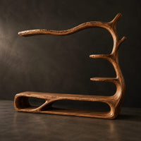 Tv stand shaped like a branch with open oval bays and tiered shelves, three-quarter view showing the grain