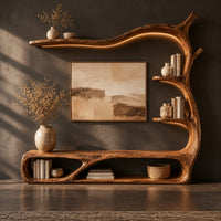 Corner detail of tv stand shaped like a branch with open oval bays and tiered shelves beside wood, brass and linen samples
