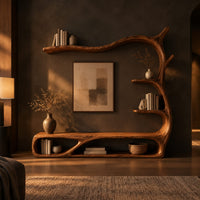 Tv stand shaped like a branch with open oval bays and tiered shelves in a dark living room at golden hour