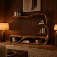 Tv stand shaped like a branch with open oval bays and tiered shelves in an evening living room with walnut wall paneling