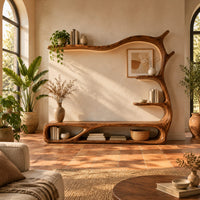 Tv stand shaped like a branch with open oval bays and tiered shelves in a bright living room with arched windows and plants