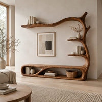 Tv stand shaped like a branch with open oval bays and tiered shelves in a Scandinavian living room with white walls