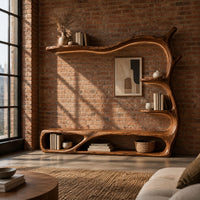 Tv stand shaped like a branch with open oval bays and tiered shelves in an industrial loft living room with exposed brick