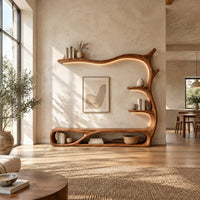 Tv stand shaped like a branch with open oval bays and tiered shelves in a bright open plan living room