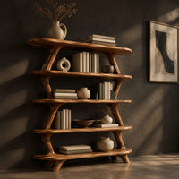 Bookshelf with five wide open shelves held by slim branch shaped uprights, three-quarter view showing the grain