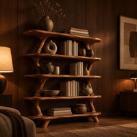 Bookshelf with five wide open shelves held by slim branch shaped uprights in an evening living room with walnut wall paneling