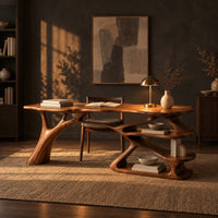 Writing desk with a branch shaped leg and stacked open shelves in a dark home office at golden hour