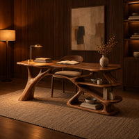Writing desk with a branch shaped leg and stacked open shelves in an evening home office with walnut wall paneling