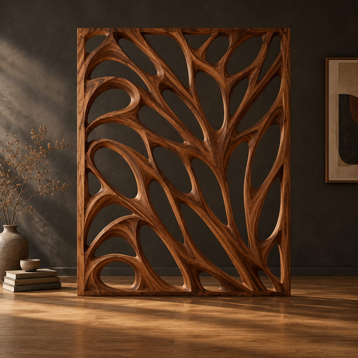Tall room divider with sculpted open branch shaped cutouts in a dark studio against a charcoal plaster wall