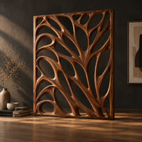 Tall room divider with sculpted open branch shaped cutouts, three-quarter view showing the grain