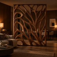 Tall room divider with sculpted open branch shaped cutouts in an evening open-plan living room with walnut wall paneling