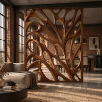 Tall room divider with sculpted open branch shaped cutouts in an industrial loft open-plan living room with exposed brick