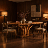 Rectangular dining table with a branching wood pedestal and thick slab top in an evening dining room with walnut wall paneling