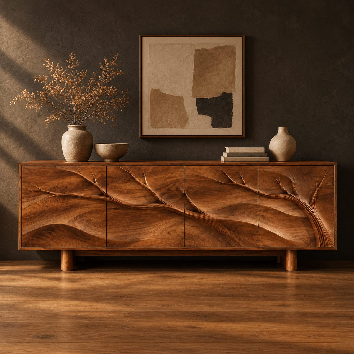 Carved branch sideboard with four flush panels and short cylindrical feet in a dark studio against a charcoal plaster wall