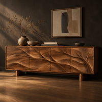 Carved branch sideboard with four flush panels and short cylindrical feet, three-quarter view showing the grain