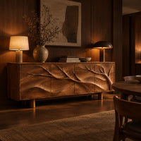 Carved branch sideboard with four flush panels and short cylindrical feet in an evening dining room with walnut wall paneling