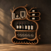 Branch shaped wine rack with open loops, a glass rail and a bottom tray in a dark studio against a charcoal plaster wall