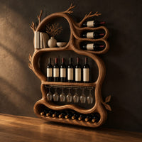 Branch shaped wine rack with open loops, a glass rail and a bottom tray, three-quarter view showing the grain