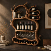 Corner detail of branch shaped wine rack with open loops, a glass rail and a bottom tray beside wood, brass and linen samples