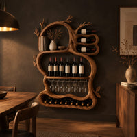 Branch shaped wine rack with open loops, a glass rail and a bottom tray in a dark dining room at golden hour