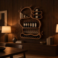 Branch shaped wine rack with open loops, a glass rail and a bottom tray in an evening dining room with walnut wall paneling