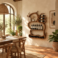 Branch shaped wine rack with open loops, a glass rail and a bottom tray in a bright dining room with arched windows and plants