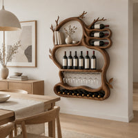 Branch shaped wine rack with open loops, a glass rail and a bottom tray in a Scandinavian dining room with white walls