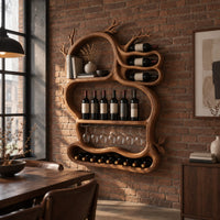 Branch shaped wine rack with open loops, a glass rail and a bottom tray in an industrial loft dining room with exposed brick