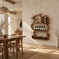 Branch shaped wine rack with open loops, a glass rail and a bottom tray in a bright open plan dining room