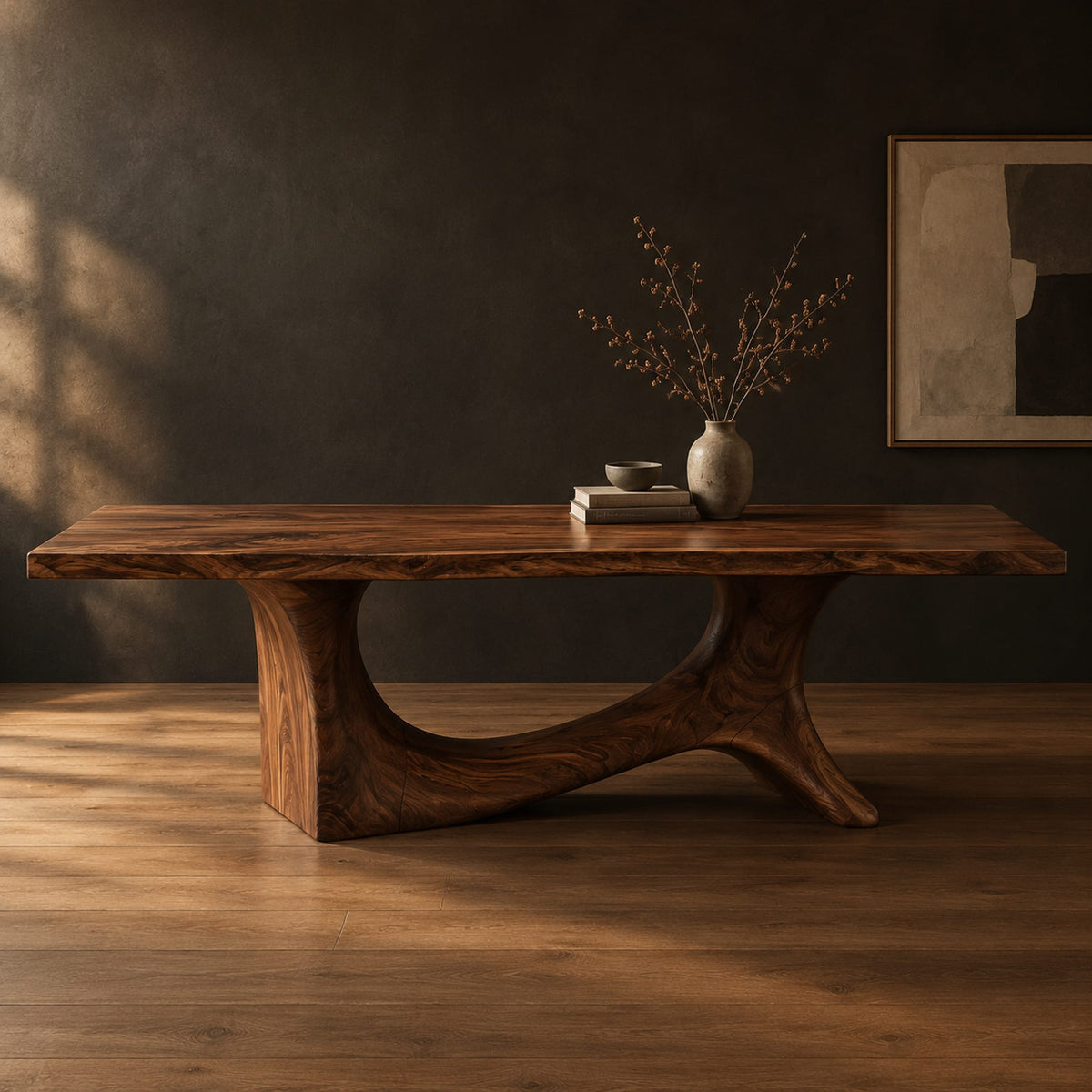Dining table with a flowing slab top on a branching sculpted base in a dark studio against a charcoal plaster wall
