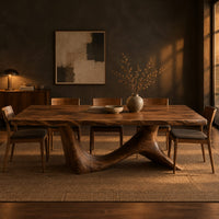 Dining table with a flowing slab top on a branching sculpted base in a dark dining room at golden hour