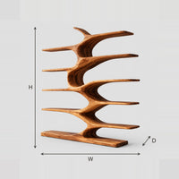 Branching Bookshelf With Staggered Shelves On A Central Stem dimension diagram with width, height and depth
