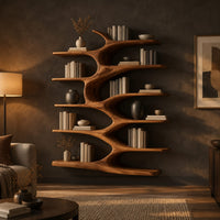 Tall bookshelf with a branching central stem and staggered shelves in a dark living room at golden hour