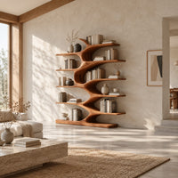 Tall bookshelf with a branching central stem and staggered shelves in a bright open plan living room