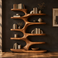 Branching bookshelf with wide sculpted shelves that alternate left and right in a dark studio against a charcoal plaster wall