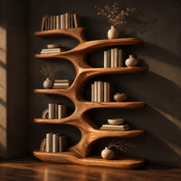 Branching bookshelf with wide sculpted shelves that alternate left and right, three-quarter view showing the grain