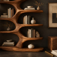 Corner detail of branching bookshelf with wide sculpted shelves that alternate left and right beside wood, brass and linen samples