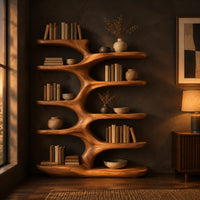 Branching bookshelf with wide sculpted shelves that alternate left and right in a dark living room at golden hour