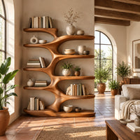 Branching bookshelf with wide sculpted shelves that alternate left and right in a bright living room with arched windows and plants